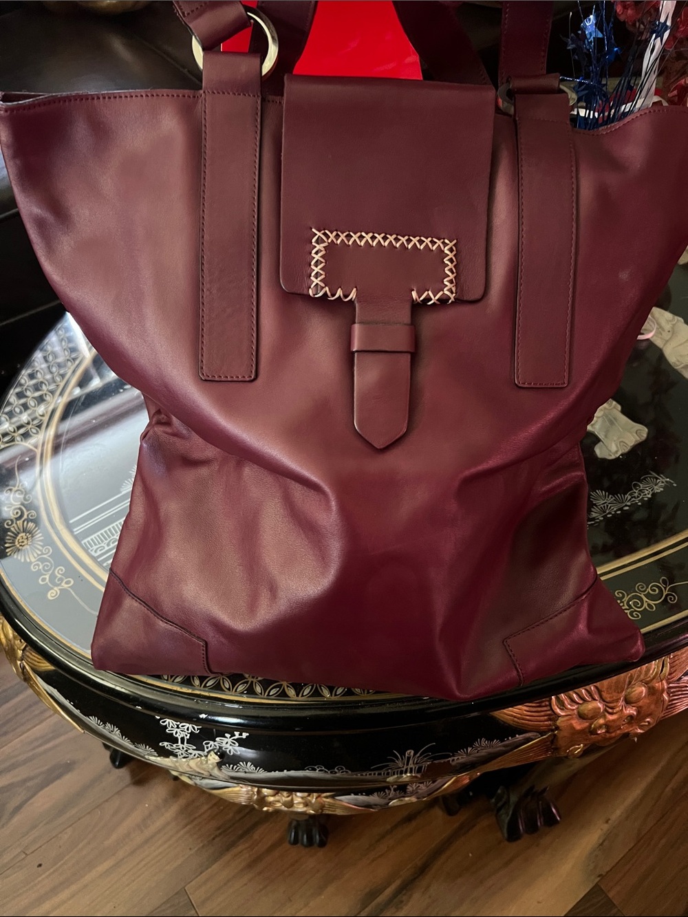 Elegant Burgundy Leather Tote with Decorative Stitch Detail